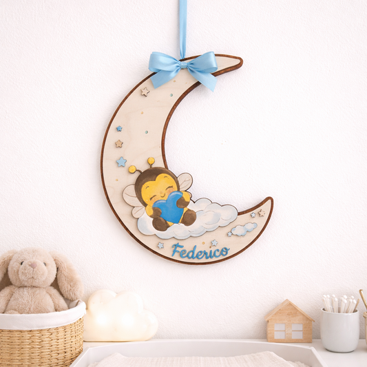 Fiocco nascita / decorazione cameretta ape con luna - personalizzabile