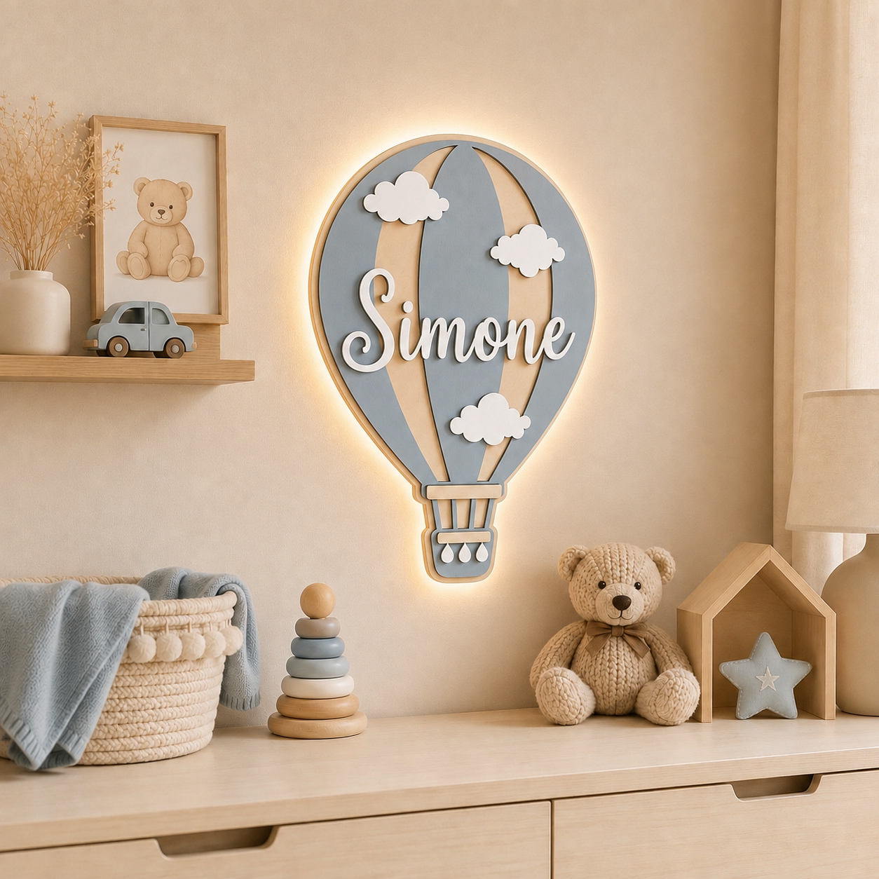 Lampada da parete Mongolfiera Nascita personalizzata in legno | personalizzabile