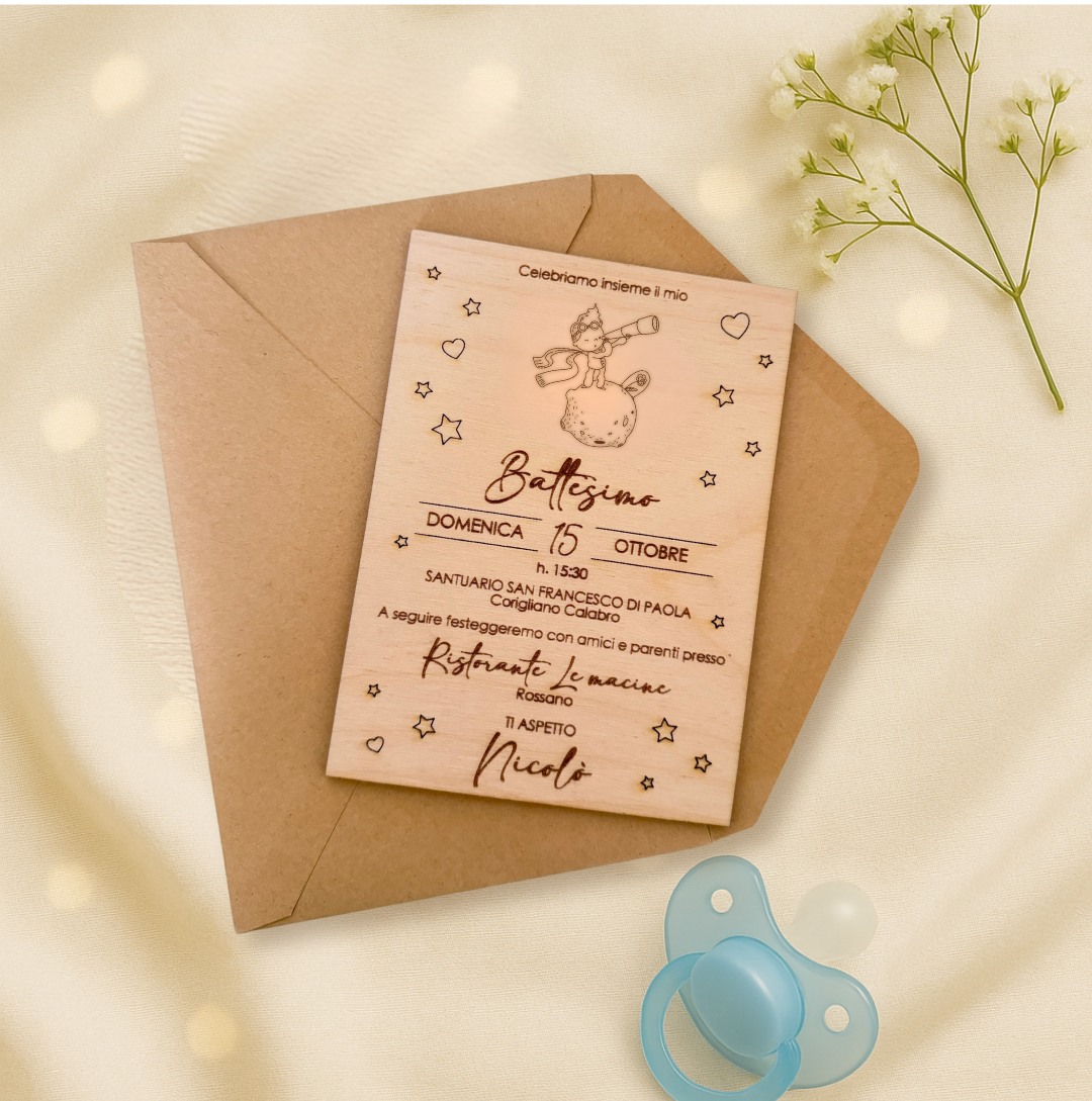 Invito battesimo in legno taglio laser - Piccolo principe - personalizzabile