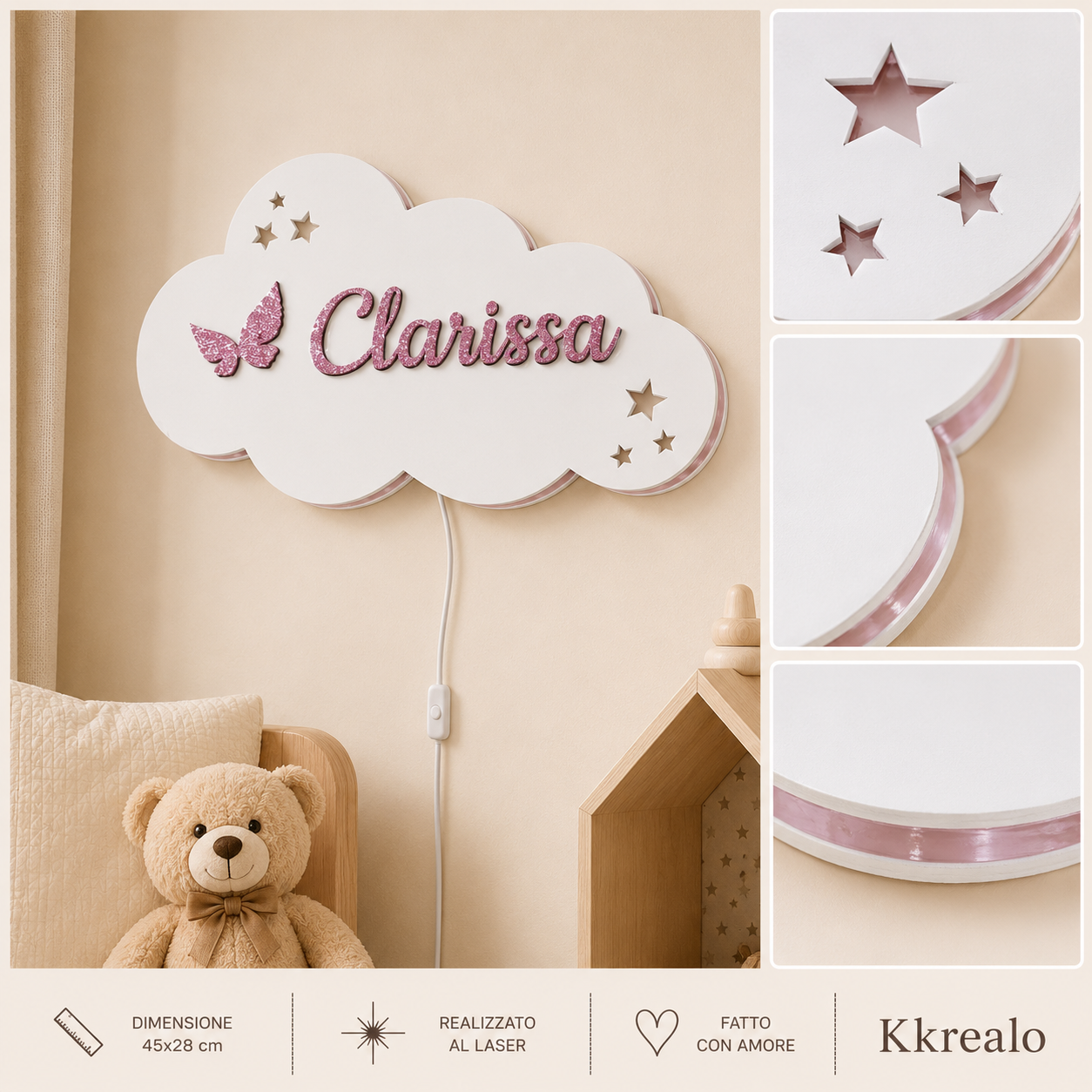 Lampada cameretta Nuvoletta luminosa personalizzata con nome | Due dimensioni disponibili