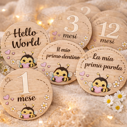 Set milestone neonato in legno  – 16 dischi mesi + momenti bambino, baby milestone cards, regalo nascita personalizzato