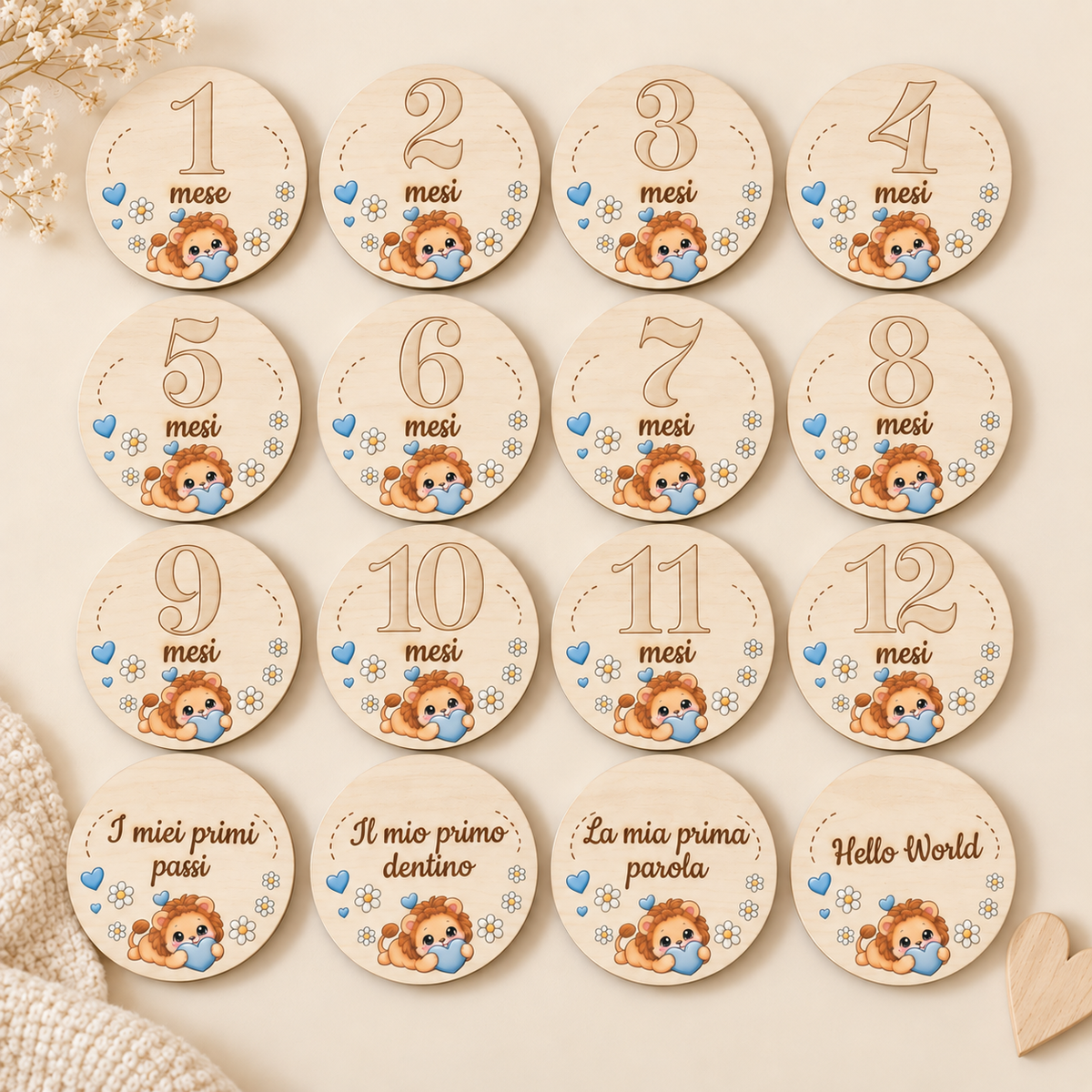 Set milestone neonato in legno  – 16 dischi mesi + momenti bambino, baby milestone cards, regalo nascita personalizzato