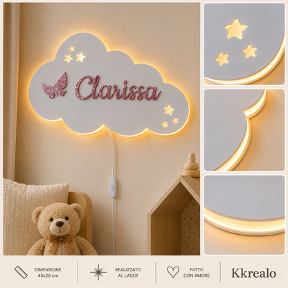 Lampada cameretta Nuvoletta luminosa personalizzata con nome | Due dimensioni disponibili
