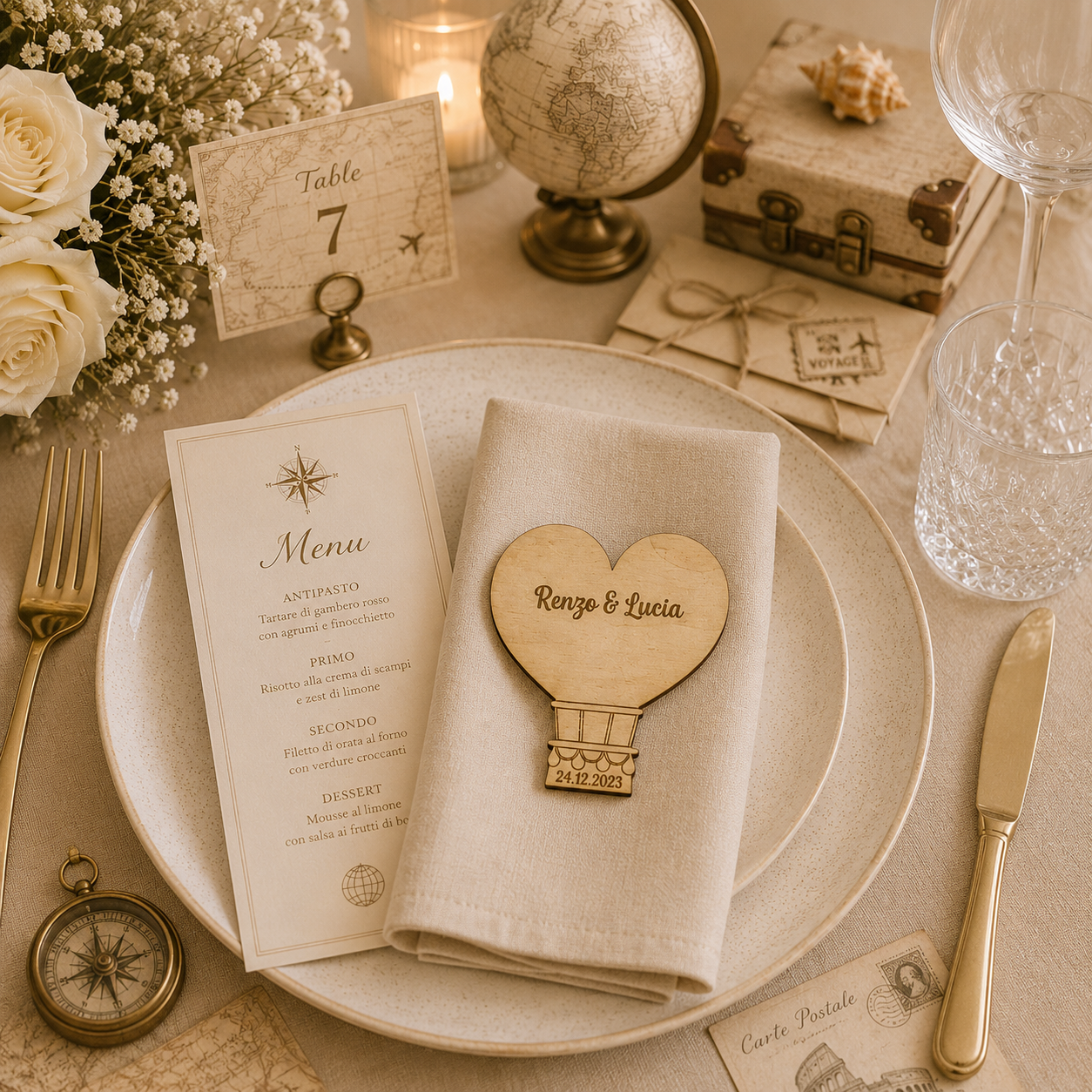 Segnaposto Personalizzato in Legno – Tema viaggi per Matrimonio, Battesimo e Comunione