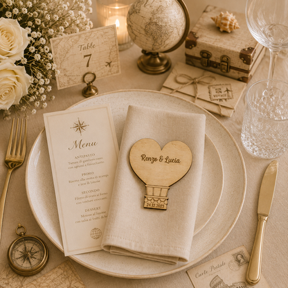 Segnaposto Personalizzato in Legno – Tema viaggi per Matrimonio, Battesimo e Comunione