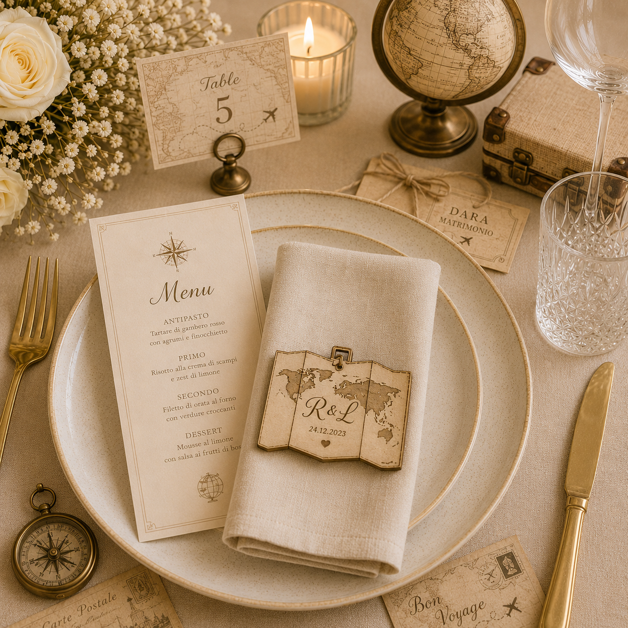 Segnaposto Personalizzato in Legno – Tema viaggi per Matrimonio, Battesimo e Comunione