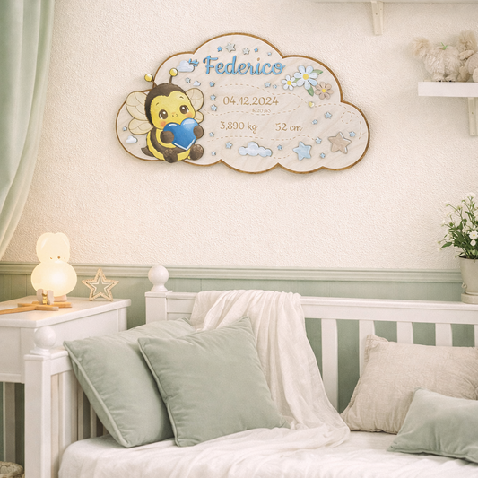Quadretto /Nuvoletta nascita in legno taglio laser -  personalizzabile