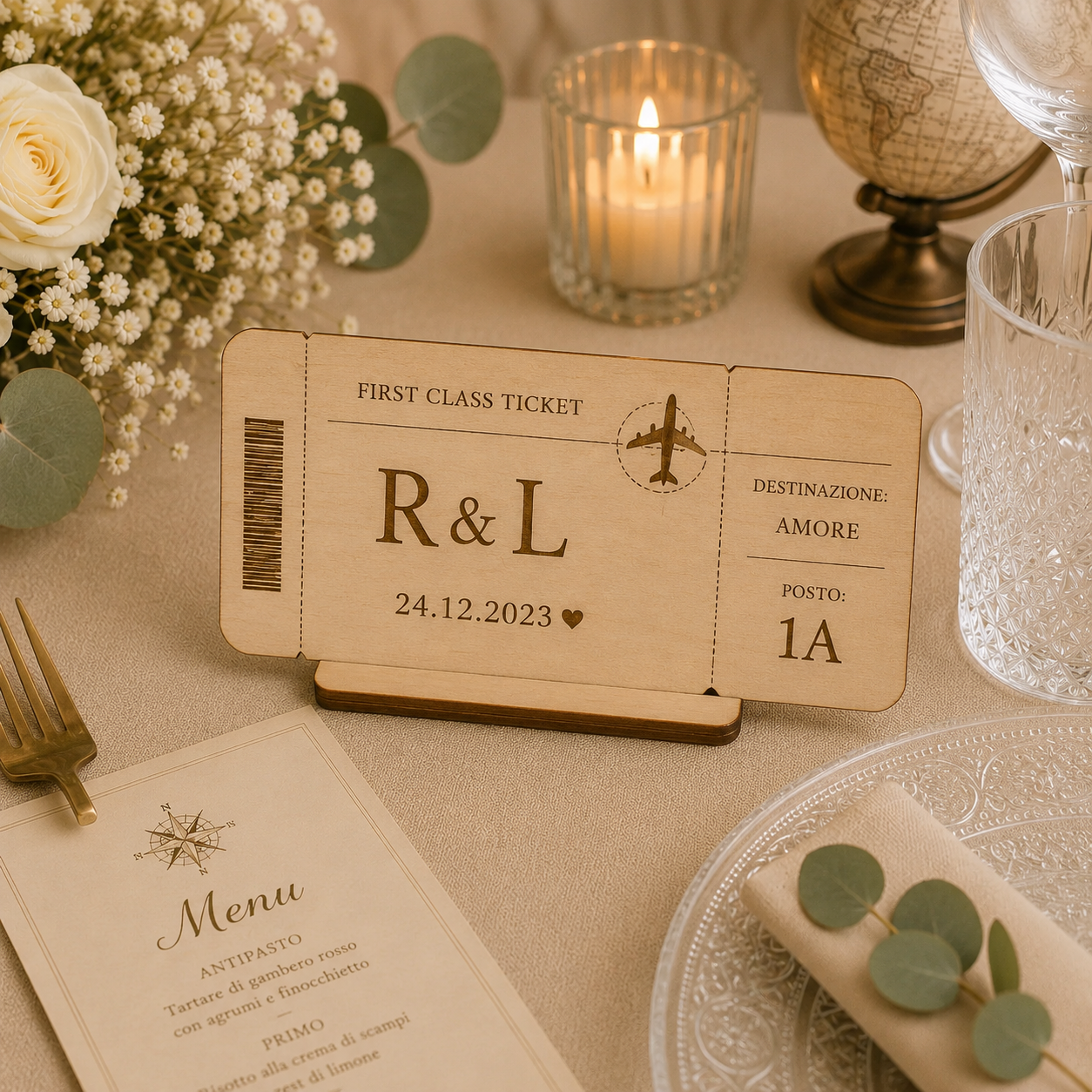 Segnatavolo Personalizzato in Legno – Tema viaggi per Matrimonio, Battesimo e Comunione