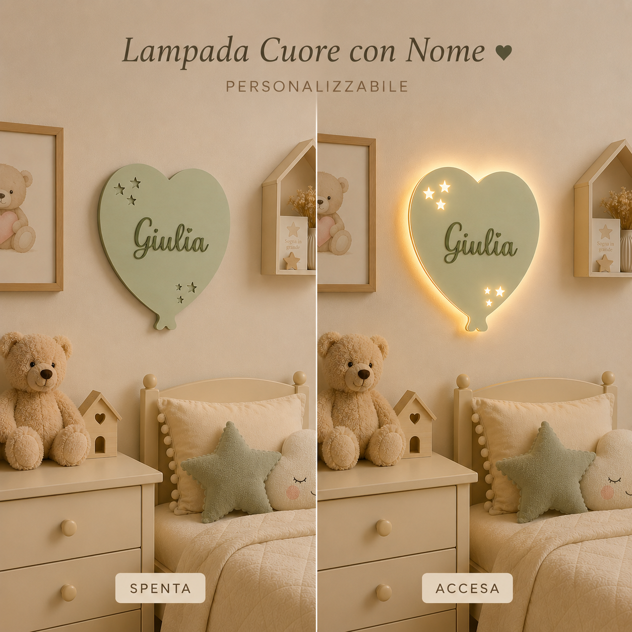 Lampada da Parete Palloncino Cuore Personalizzata con Nome | Cameretta Bambino e Bambina