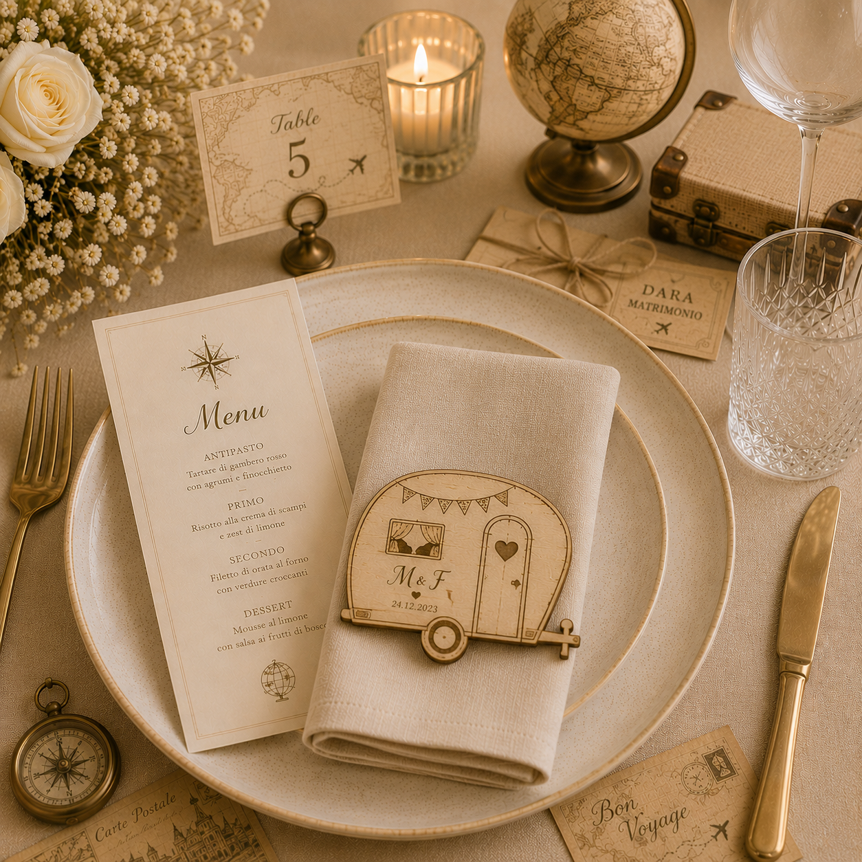 Segnaposto Personalizzato in Legno – Tema viaggi per Matrimonio, Battesimo e Comunione