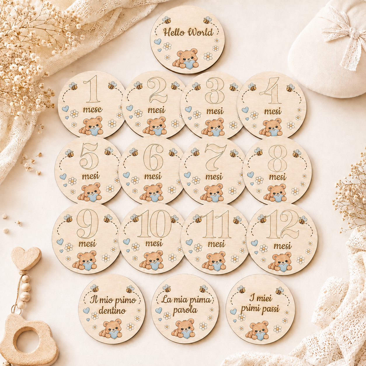 Set milestone neonato in legno  – 16 dischi mesi + momenti bambino, baby milestone cards, regalo nascita personalizzato