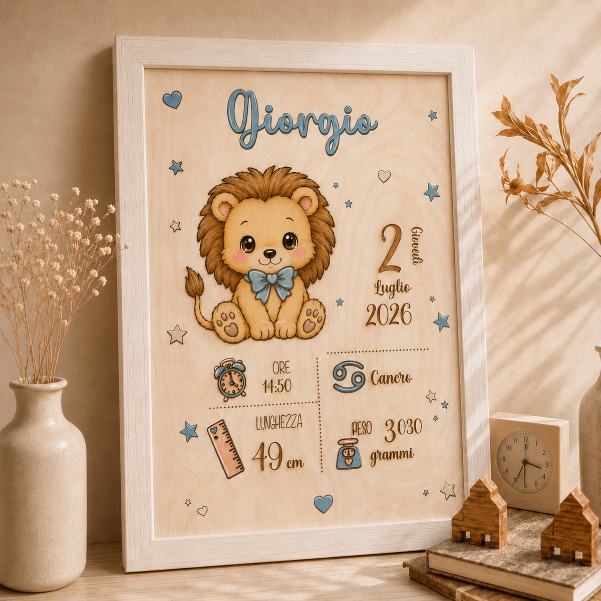 Quadretto nascita personalizzato con animaletti pucciosi in legno taglio laser