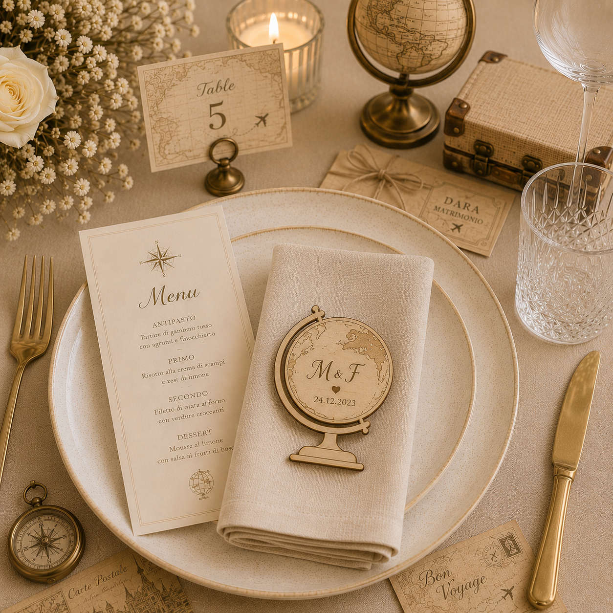 Segnaposto Personalizzato in Legno – Tema viaggi per Matrimonio, Battesimo e Comunione