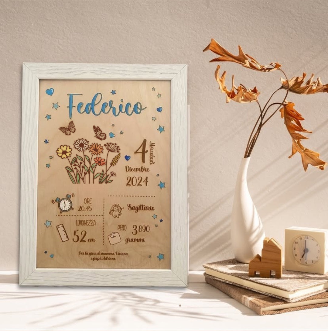 Quadretto nascita in legno taglio laser - fiori - personalizzabile