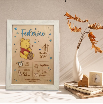 Quadretto nascita in legno taglio laser - Winnie - personalizzabile