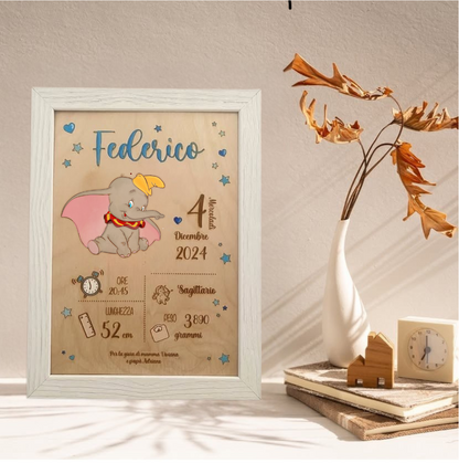Quadretto nascita in legno taglio laser - Dumbo - personalizzabile