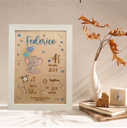 Quadretto nascita in legno taglio laser - elefantino - personalizzabile