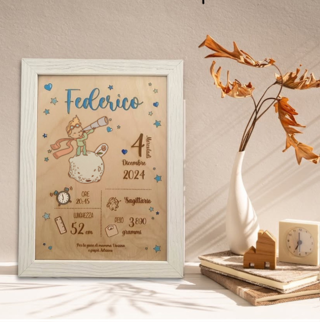 Quadretto nascita in legno taglio laser -  Piccolo principe  - personalizzabile