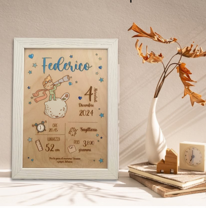 Quadretto nascita in legno taglio laser -  Piccolo principe  - personalizzabile