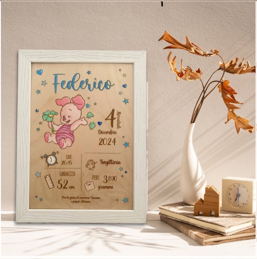 Quadretto nascita in legno taglio laser -  Pimpi  - personalizzabile