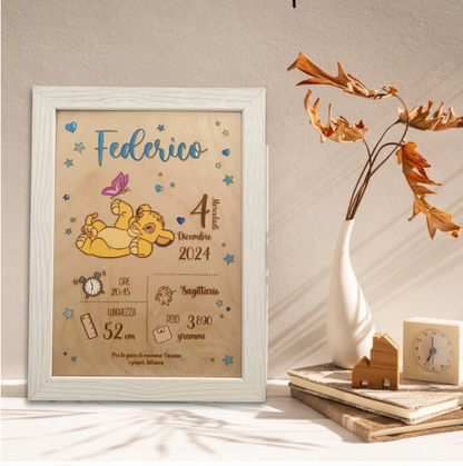 Quadretto nascita in legno taglio laser -  Simba  - personalizzabile