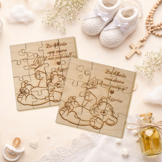Puzzle proposta padrino, madrina in legno betulla a tema Simba - personalizzabile