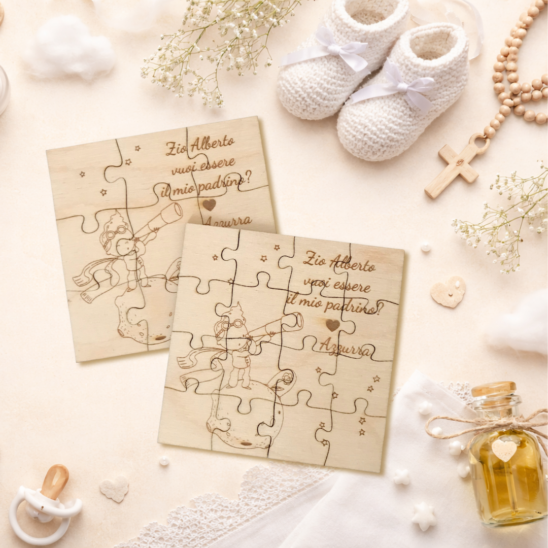 Puzzle proposta battesimo padrino, madrina in legno betulla 3 x 3 o 4 x 4 - personalizzabile