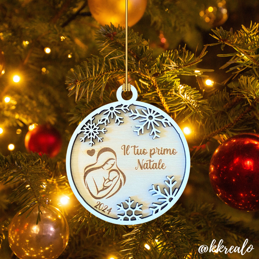 Pallina di natale in legno di betulla  taglio laser - il tuo primo natale mod. 4 - personalizzabile