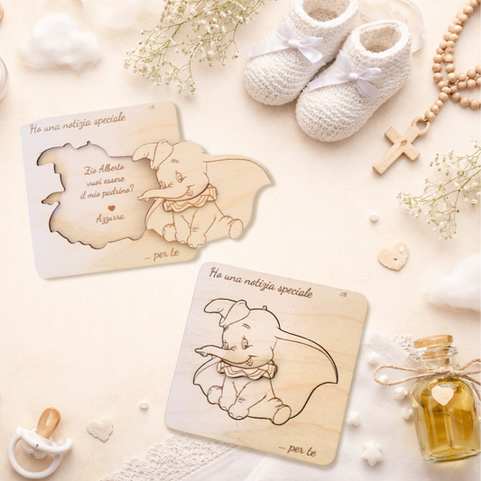 Quadretto proposta padrino, madrina in legno betulla a tema dumbo - personalizzabile frase e personaggio Proposta battesimo