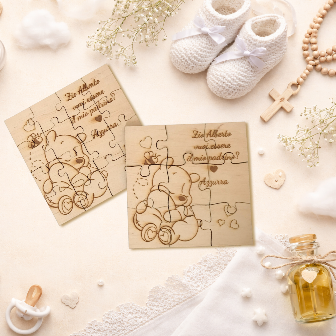 Puzzle proposta battesimo padrino, madrina in legno betulla 3 x 3 o 4 x 4 - personalizzabile