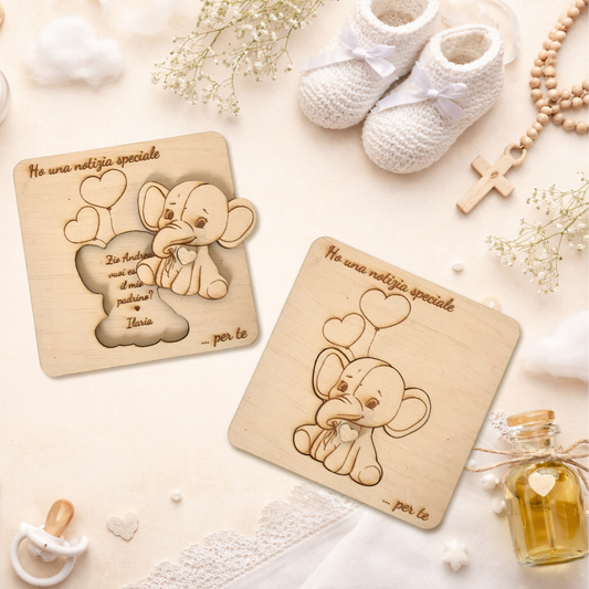 Quadretto proposta padrino, madrina in legno betulla a tema elefantino - personalizzabile frase e personaggio Proposta battesimo
