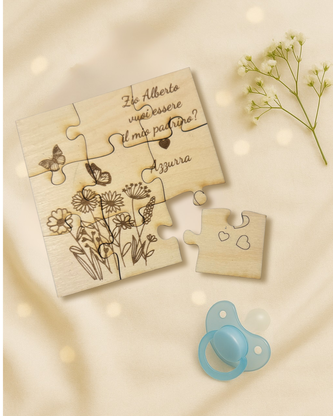 Puzzle proposta padrino, madrina in legno betulla a tema floreale - personalizzabile frase e personaggio