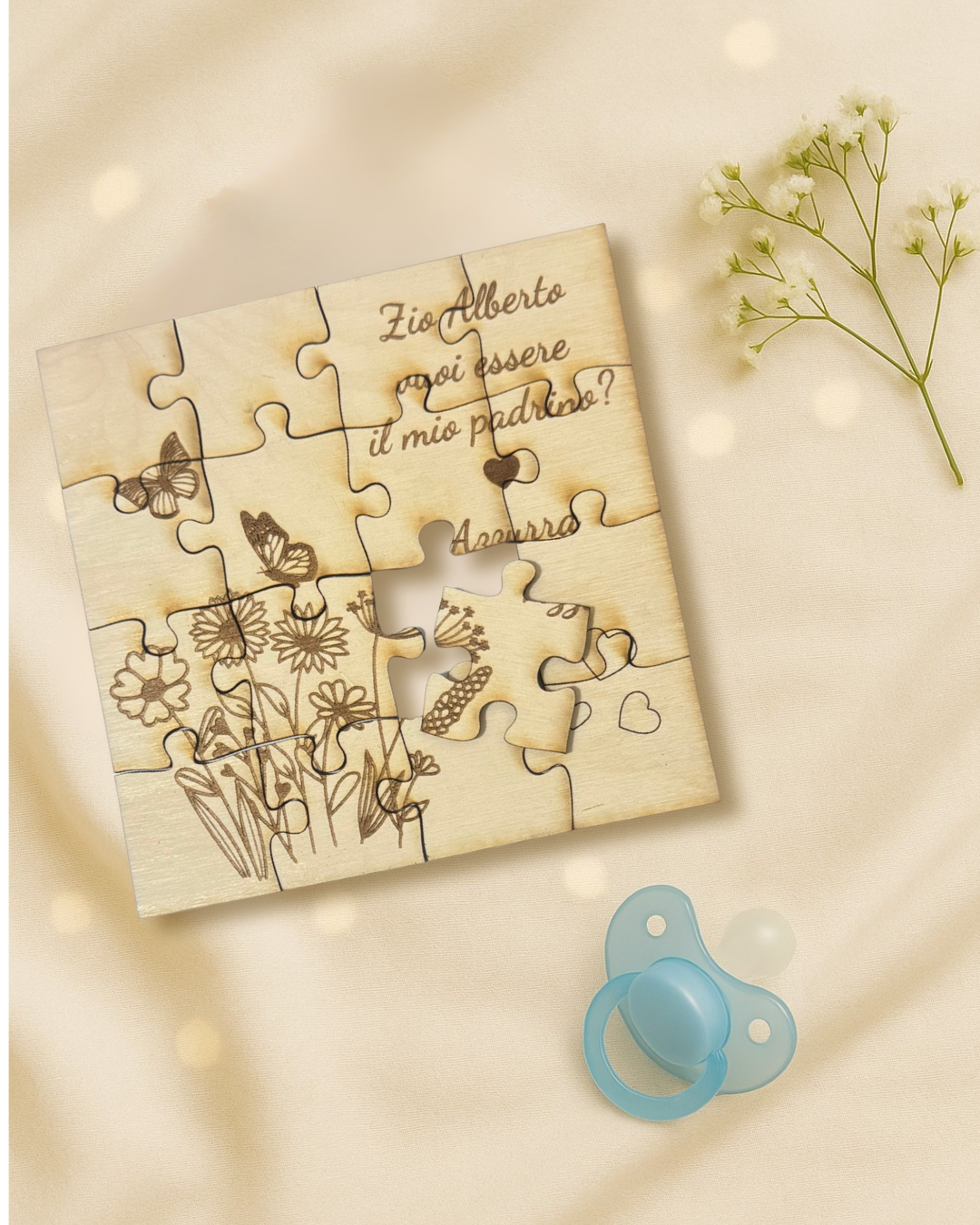 Puzzle proposta padrino, madrina in legno betulla a tema floreale - personalizzabile frase e personaggio