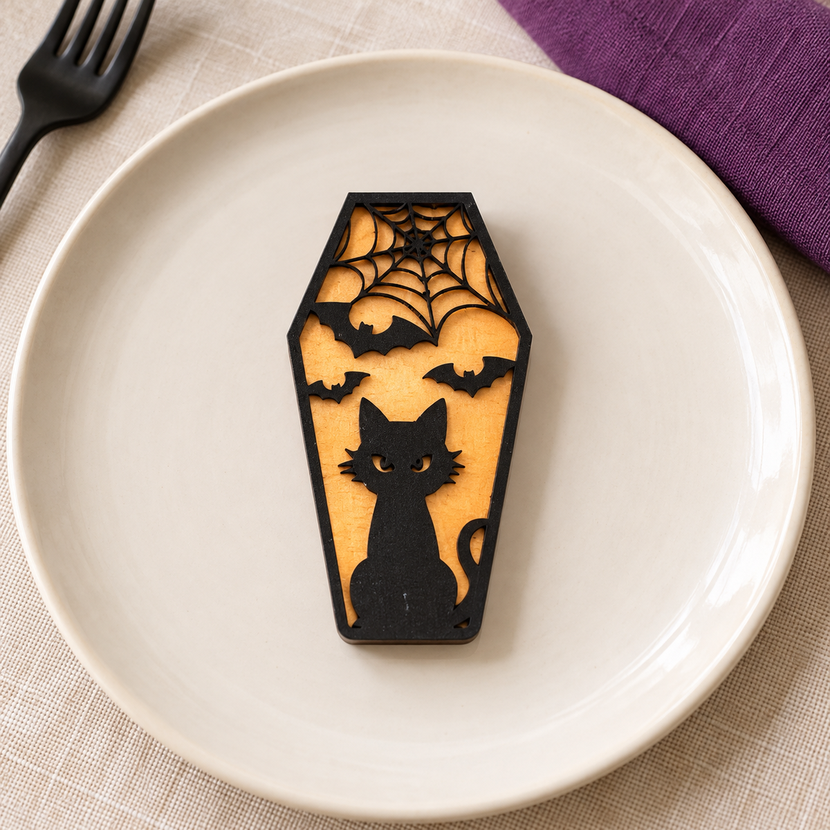 Mini bara calamita Halloween in legno – gatto