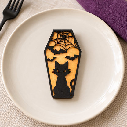 Mini bara calamita Halloween in legno – gatto