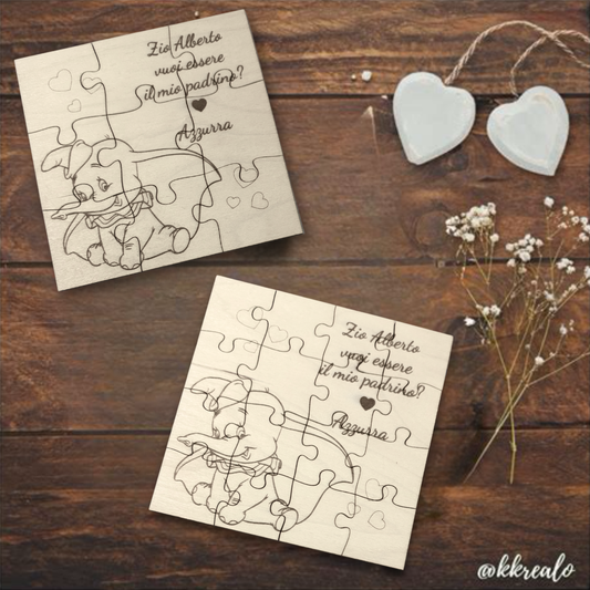 Puzzle proposta padrino, madrina in legno betulla a tema dumbo - personalizzabile