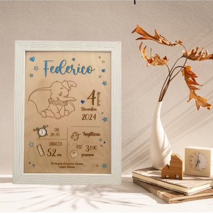 Quadretto nascita in legno taglio laser - Dumbo - personalizzabile