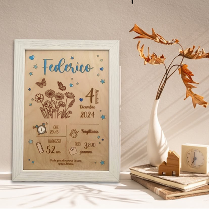 Quadretto nascita in legno taglio laser - fiori - personalizzabile