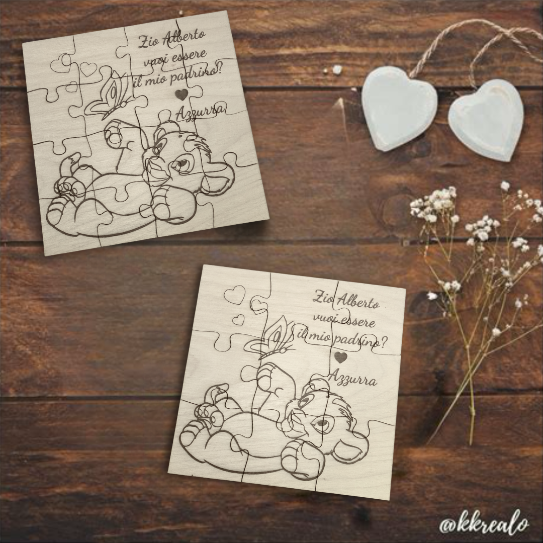 Puzzle proposta padrino, madrina in legno betulla a tema Simba - personalizzabile