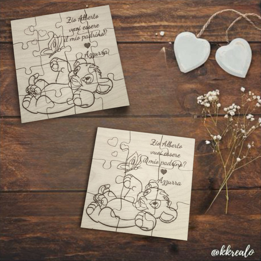 Puzzle proposta padrino, madrina in legno betulla a tema Simba - personalizzabile