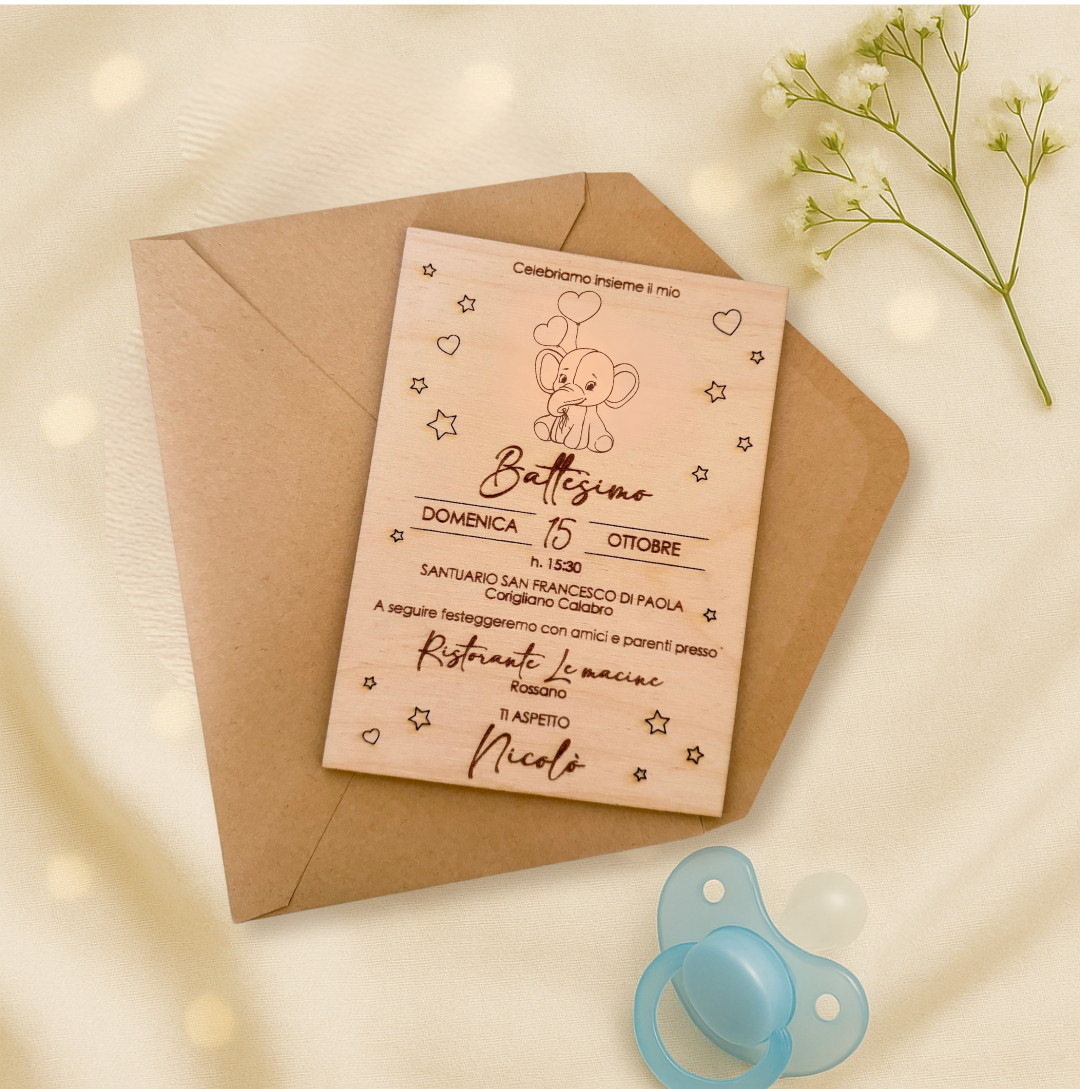 Invito battesimo in legno taglio laser - elefantino - personalizzabile