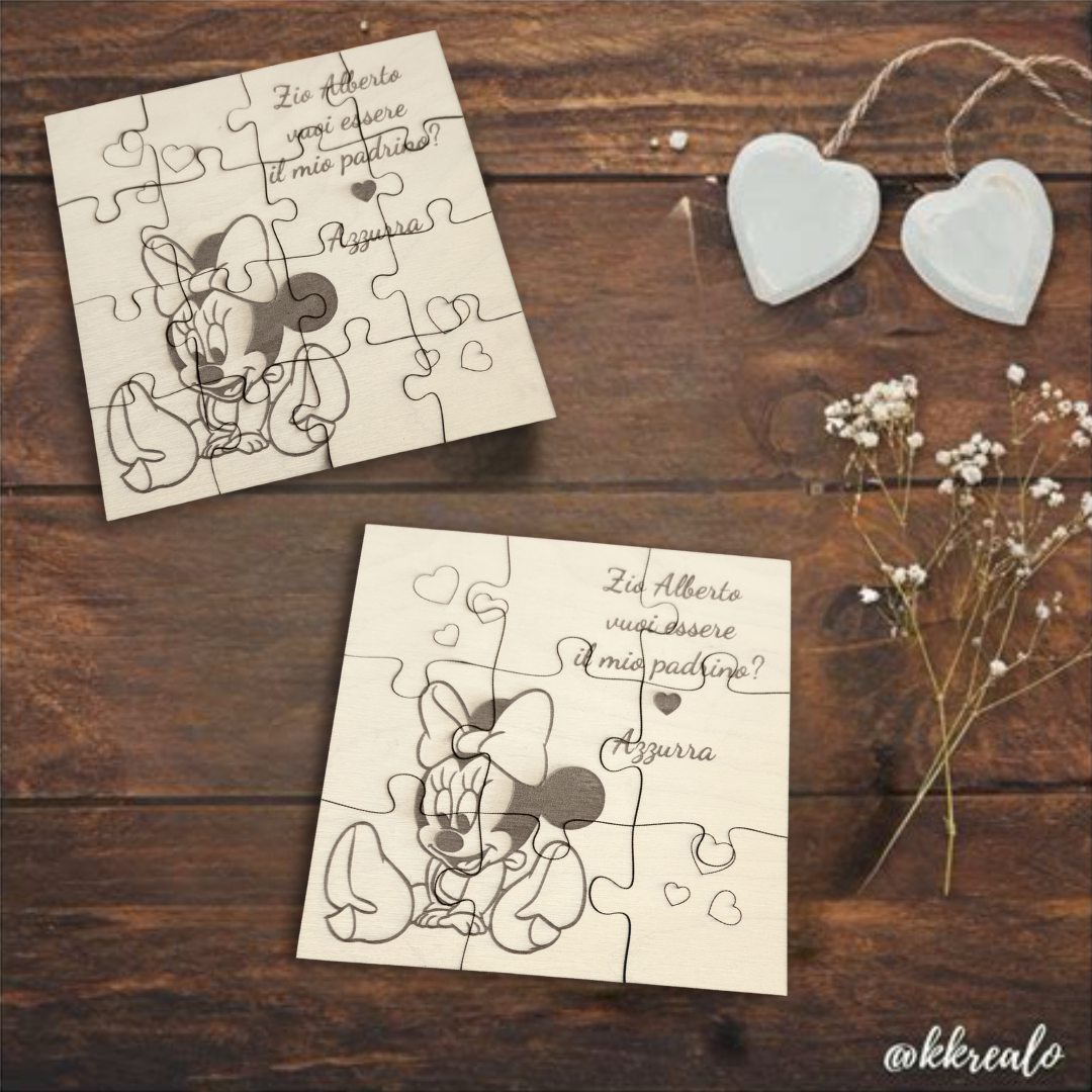 Puzzle proposta padrino, madrina in legno betulla a tema Minnie - personalizzabile