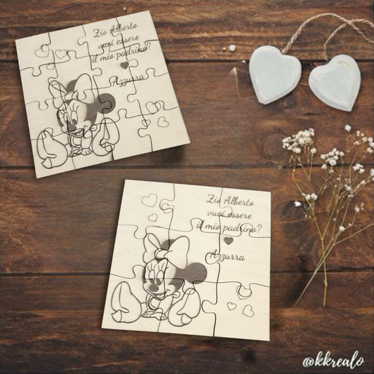 Puzzle proposta padrino, madrina in legno betulla a tema Minnie - personalizzabile