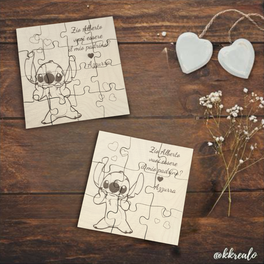 Puzzle proposta padrino, madrina in legno betulla a tema stich - personalizzabile
