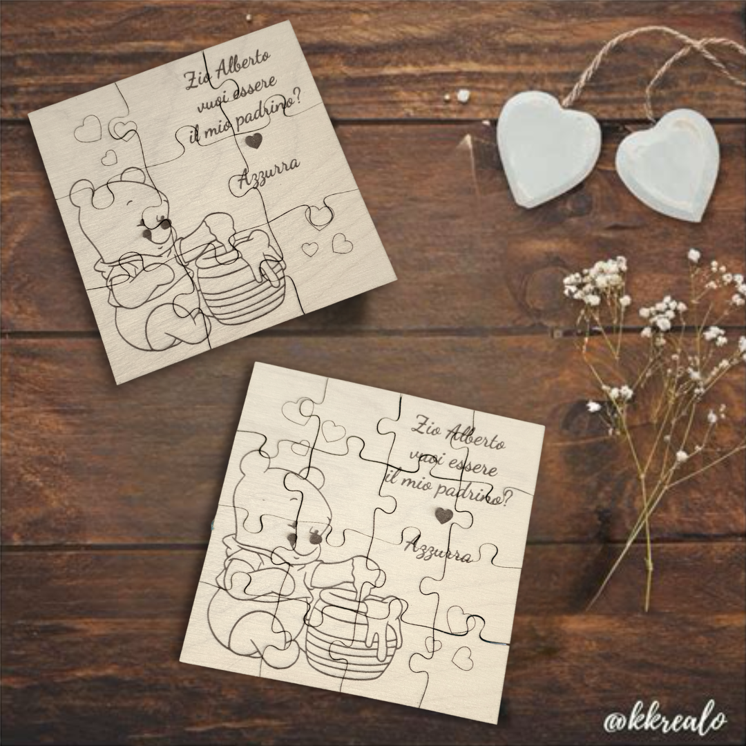 Puzzle proposta padrino, madrina in legno betulla a tema winnie - personalizzabile