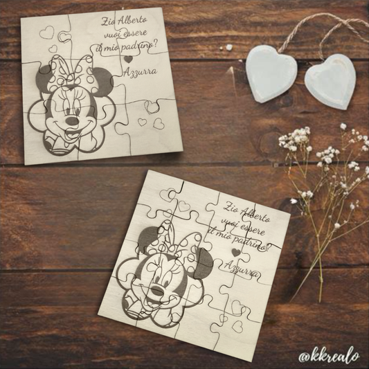 Puzzle proposta padrino, madrina in legno betulla a tema Minnie - personalizzabile