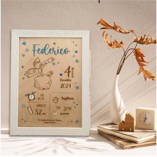Quadretto nascita in legno taglio laser -  Piccolo principe  - personalizzabile