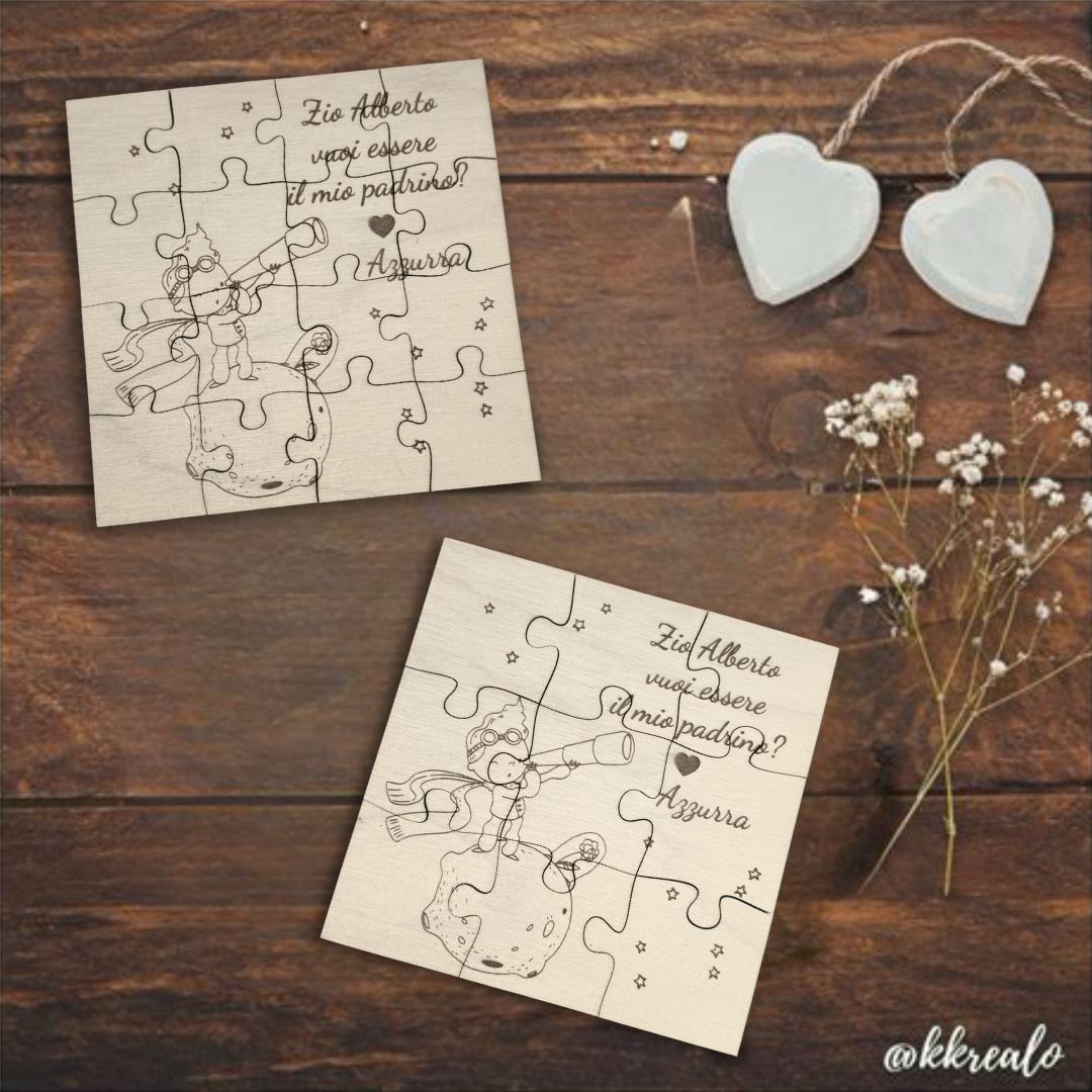 Puzzle proposta padrino, madrina in legno betulla a tema piccolo principe - personalizzabile