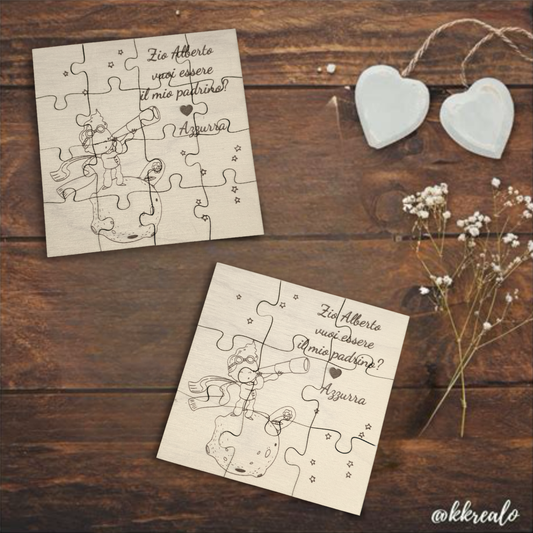 Puzzle proposta padrino, madrina in legno betulla a tema piccolo principe - personalizzabile