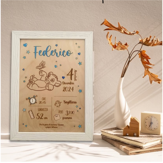 Quadretto nascita in legno taglio laser -  Simba  - personalizzabile